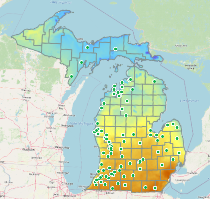 Map of Michigan showing cumulative growing degree days.
